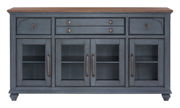 English Elm Americana Distressed Blue Buffet Cabinet with Glass Doors and Antique Pewter Hardware B108P411433