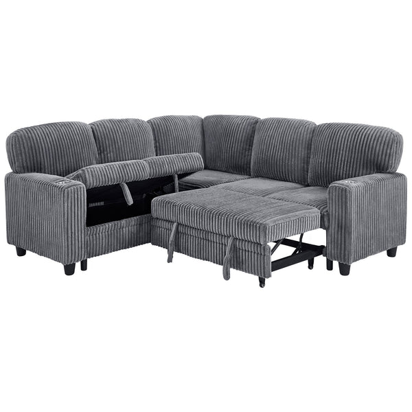 English Elm L-shaped Sectional Sleeper Sofa with Hidden Storage Usb Charging Corduroy Upholstery Grey W1998S00092
