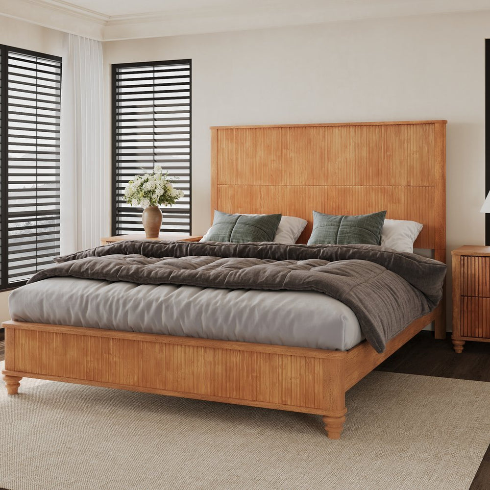 English Elm Solid Rubberwood Queen Platform Bed Tall Headboard Natural Grain No Box Spring W1716S00030
