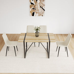 English Elm 55" Mid-century Mdf Square Dining Table with 4 Linen Chairs Metal Leg 5 Piece Set Natural+Beige W3732S00011