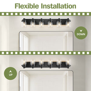 English Elm 6 Light Black Farmhouse Vanity Light with Clear Glass Shades, Matte Metal 37.5" Modern Waterproof Fixture W2312P389980