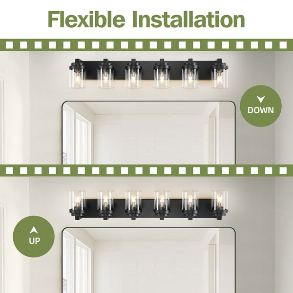 English Elm 6 Light Black Farmhouse Vanity Light with Clear Glass Shades, Matte Metal 37.5" Modern Waterproof Fixture W2312P389980