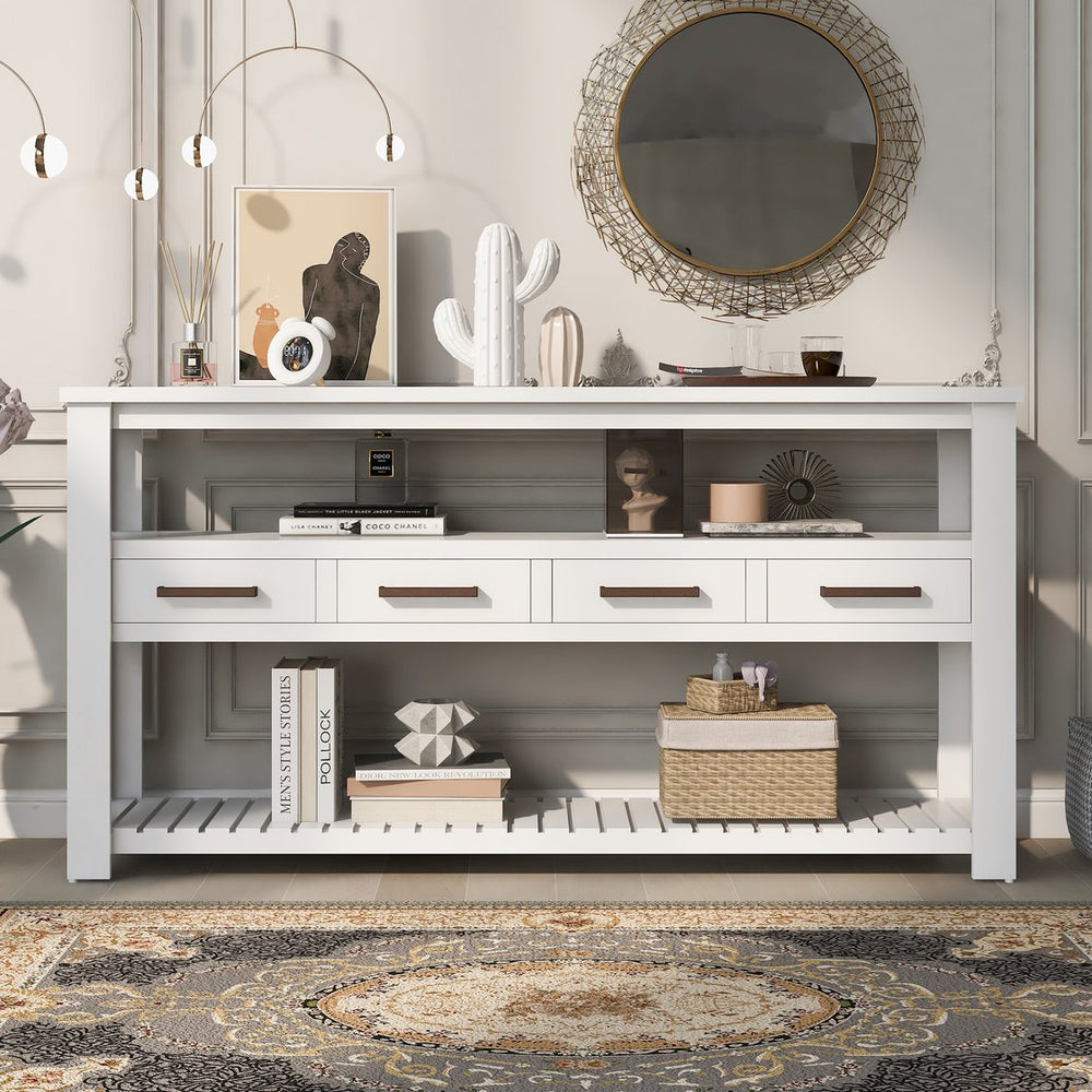 English Elm U_style Wide Painted Console Table Four Drawers Open Shelves Foyer Living Room White N711P410406K