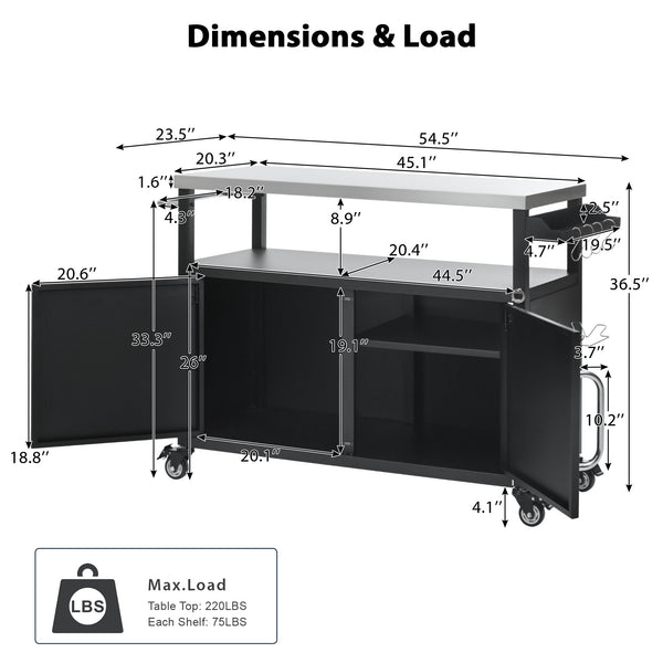 English Elm K&K 54.5" Outdoor Kitchen Island with 1.6" Stainless Top, Locking Wheels, Spice Rack & Bottle Opener N707P270779B
