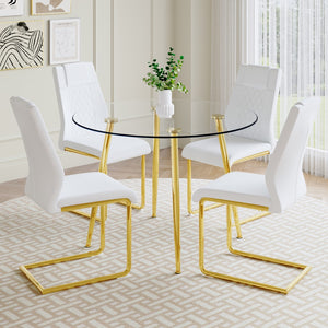 English Elm A Modern Minimalist Style Round Transparent Tempered Glass Table With Gold Metal Legs, Paired With 4 Modern Pu Leather High-Back Dining Chairs Bring A Luxurious Experience.