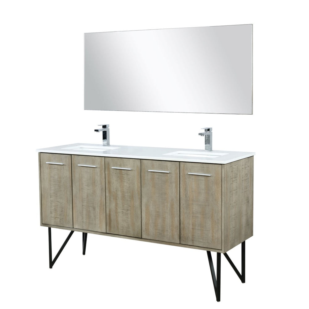 English Elm Rustic Acacia Double Bath Vanity 60" W With White Quartz Top, Chrome Faucet, And 55" Mirror Set B2731S01668-GIGA