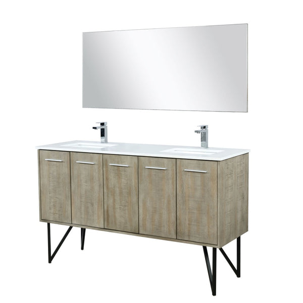 English Elm Rustic Acacia Double Bath Vanity 60" W With White Quartz Top, Chrome Faucet, And 55" Mirror Set B2731S01668-GIGA