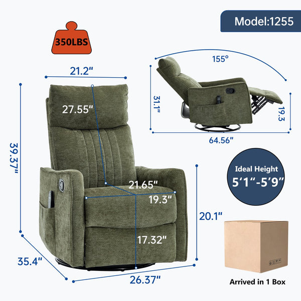 English Elm Beige Fabric Swivel Rocker Recliner with Massage Nodes and Lumbar Heat for Living Room Antique Green W1803P363423