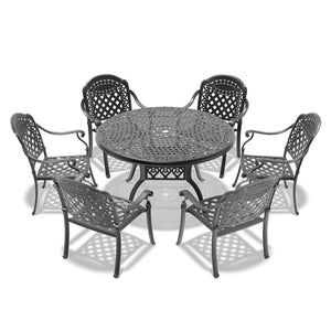 English Elm 7-Piece Cast Aluminum Patio Furniture Set With Red Cushions - Stylish, Durable, And Comfortable Dining! W1710S00483