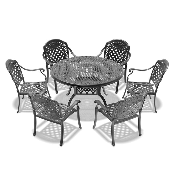 English Elm 7-ppiece Cast Aluminum Outdoor Dining Set Floral Carved Patio Furniture Black Frame W1710S00554