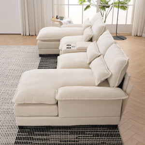 English Elm Modern U-shaped sofa with console, cupholders & USB ports — 6-seat sleeper with double chaise, chenille comfort W3401S00001