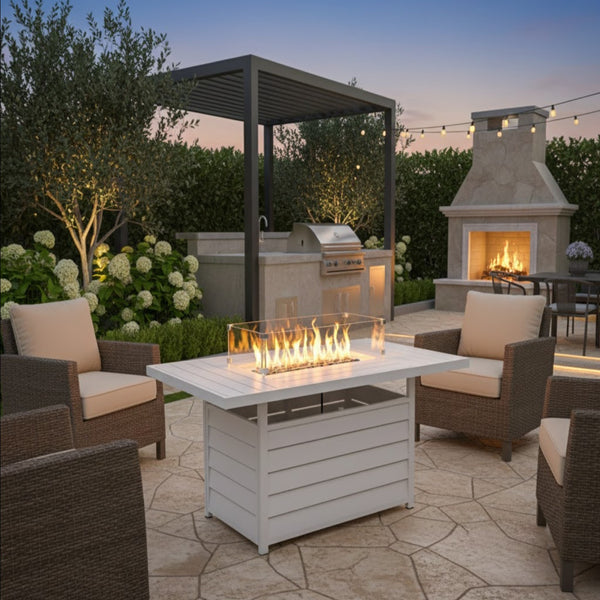 English Elm 54.3 Inch Aluminum Rectangular Propane Fire Table with Convertible Lid for Patio White B082S00070