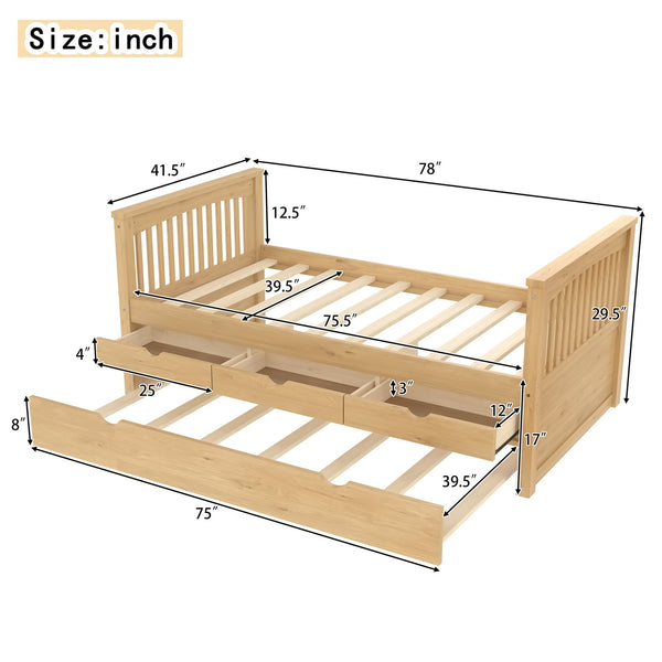 English Elm Twin Solid Wood Platform Bed with Trundle and Two Drawers, White Daybed for Kids Guests Natural W1580S00264