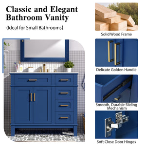 English Elm 36" Blue Modern Bathroom Vanity with Ceramic Sink, Solid Wood+MDF, Soft-Close Doors, 4 Drawers, Compact Elegance for Small Spaces N729P253935C