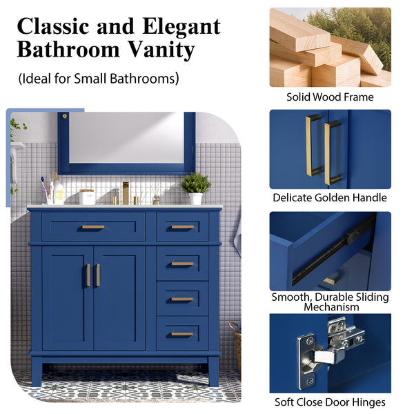 English Elm 36" Blue Modern Bathroom Vanity with Ceramic Sink, Solid Wood+MDF, Soft-Close Doors, 4 Drawers, Compact Elegance for Small Spaces N729P253935C