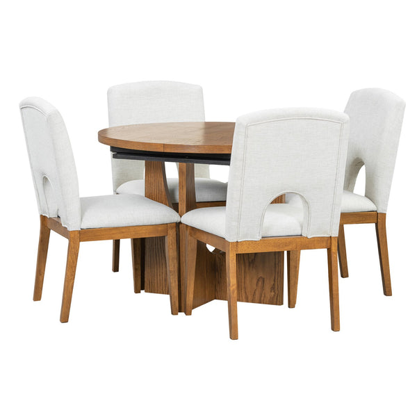 English Elm Topmax Extendable Round Dining Set with Linen Chairs and Pedestal Base Seats Five Walnut N717S000062D