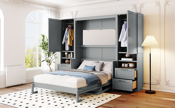 English Elm Full Size Murphy Wall Bed with Wardrobe Drawers and Shelves for Studio Spaces LP000908AAE