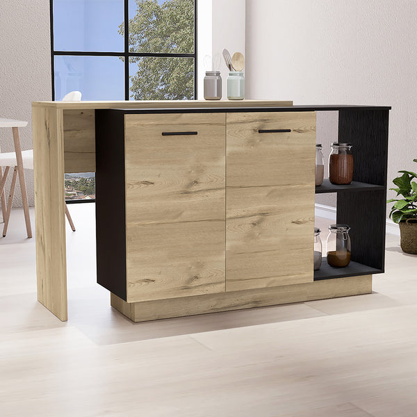 English Elm Kitchen Island With Double Door Cabinets, Stylish Black & Light Oak, Perfect For Dining & Storage B097S00155