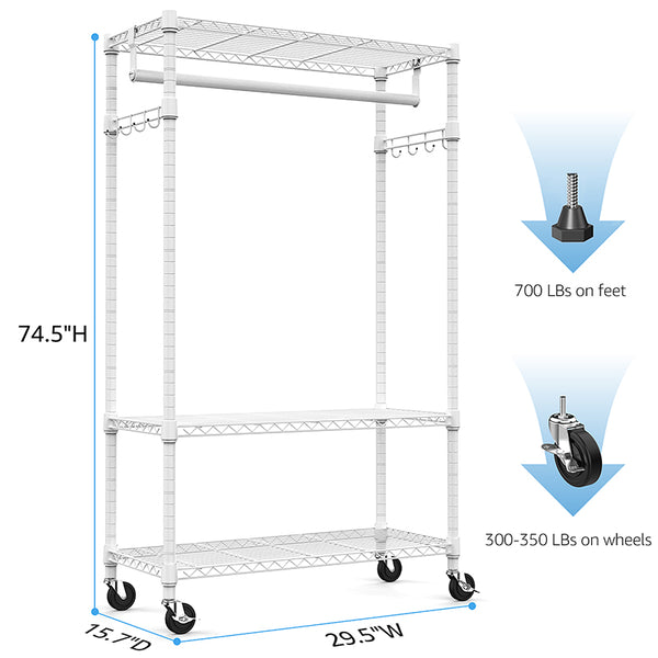 English Elm Heavy Duty Rolling Garment Rack Three Tier Wire Shelving with Hooks for Closet W5386P503916