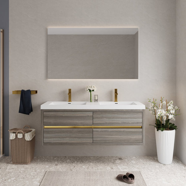 English Elm 60'' Floating Wall Mount Vanity Dual Quartz Basins Smoked Walnut Fluted Cabinet Grey Ash W1920P385582