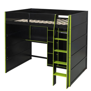 English Elm Full Size Loft Bed with Rgb Lighting Desk Open Wardrobe and Storage for Gaming Rooms Green LT000277AAG