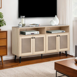 English Elm Mid-Century TV Stand with Gold-Capped Legs and Adjustable Shelves, Retro Modern 70" Media Console Natural 60 L x 19 W x 7 H B2741P398127