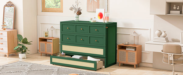 English Elm Full Size Murphy Wall Bed Cabinet with Rattan Panel Detailing and Storage Drawers Green N708P336203F