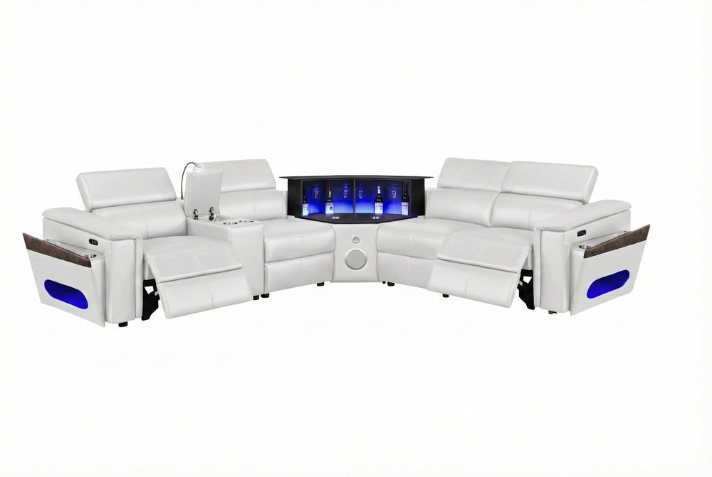 English Elm Nova Power Reclining Sectional with Bluetooth Audio Led Bar and Lift Top Wine Storage White B009S02169