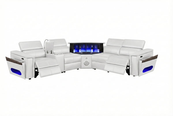 English Elm Nova Power Reclining Sectional with Bluetooth Audio Led Bar and Lift Top Wine Storage White B009S02169
