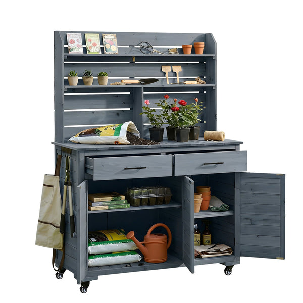 English Elm (assembly Video) Topmax Solid Fir Outdoor Potting Bench Grill Cart with Hutch Storage Gray N717P404333E