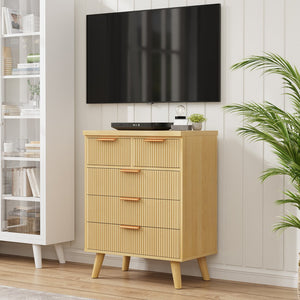 English Elm 5 Drawer Fluted Chest Natural Wood Finish Bohemian Storage for Nursery or Bedroom T3773P415633