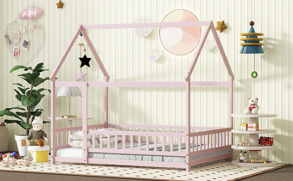 English Elm Full Size House Floor Bed With Roof Frame & Guardrails - Cozy Pink Wooden Design For Kids W504P286410