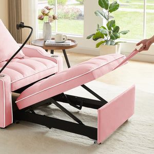 English Elm 3-in-1 Sofa Bed with USB & Cup Holders, Velvet Convertible Sleeper Chair with 3 Angles for Small Spaces Pink W1359P336108
