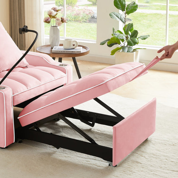 English Elm 3-in-1 Sofa Bed with USB & Cup Holders, Velvet Convertible Sleeper Chair with 3 Angles for Small Spaces Pink W1359P336108