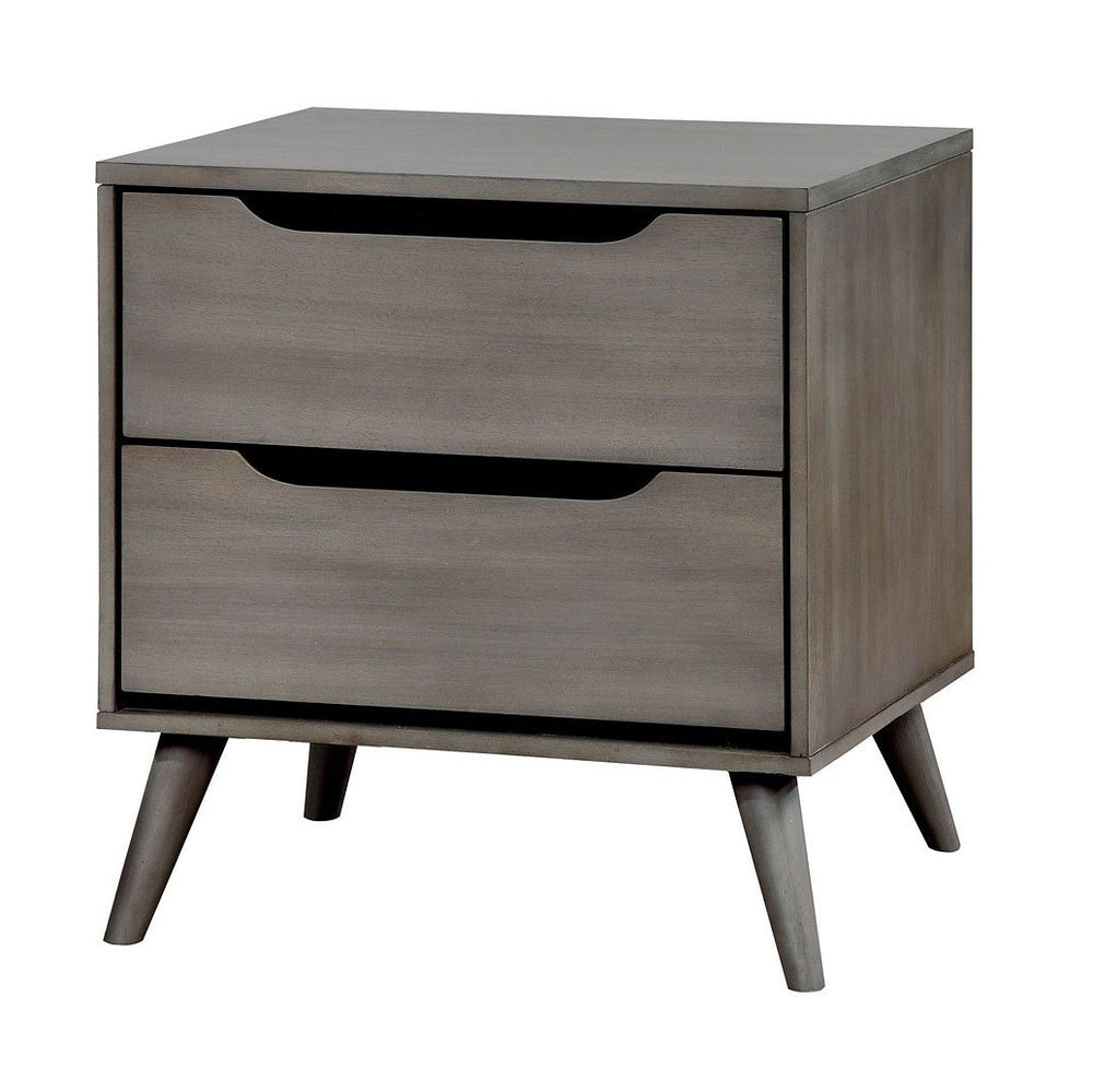 English Elm Mid-Century Nightstand with Solid Wood Construction, Tapered Round Legs, Recessed Pulls, 2-Drawer Stylish Bedside Table Gray 28 L x 21 W x 21 H B011P236772