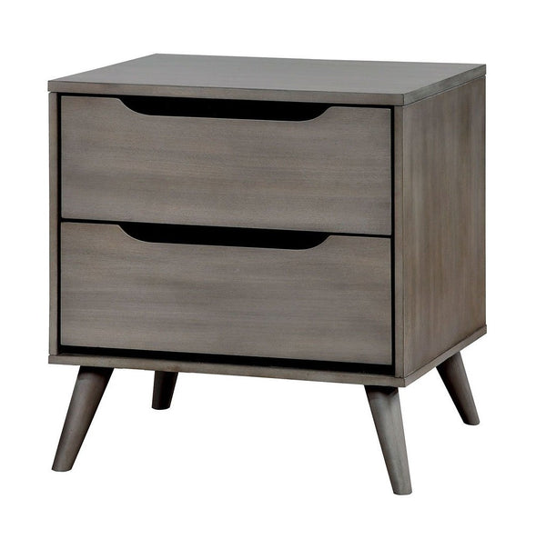 English Elm Mid-Century Nightstand with Solid Wood Construction, Tapered Round Legs, Recessed Pulls, 2-Drawer Stylish Bedside Table Gray 28 L x 21 W x 21 H B011P236772