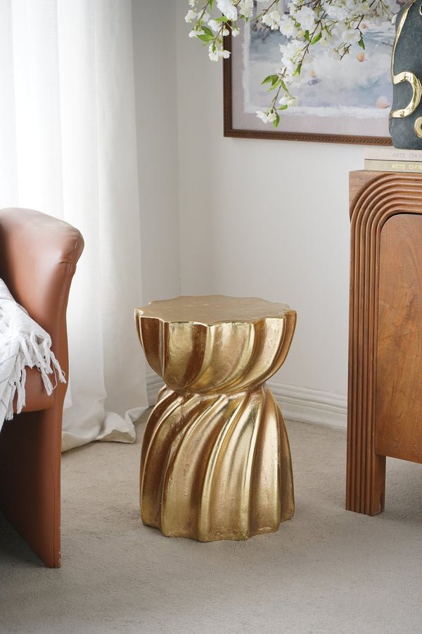 English Elm 14x14x18.7" Gold Magnesium Stool Swirl Base Sculptural Glam Art Deco Side Table W2078P442968