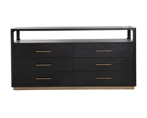 Sunpan Danette Dresser - Minimalist Black Oak Design With Brass Hardware & Open Top Shelf For Decor Display Black Wood 111771