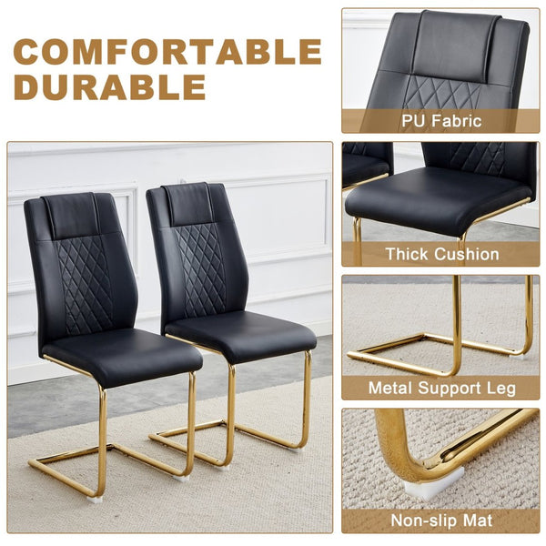 English Elm Table Set: Luxurious 71" Pandora Glass Dining Table With Golden Legs & 8 Stylish Black Pu Chairs W1151S03226-GIGA