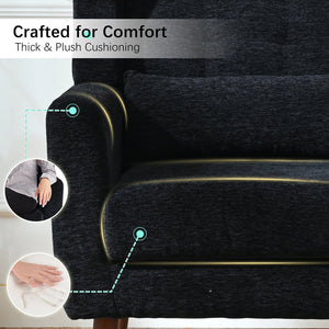 English Elm Modern Accent Chair Chenille Upholstered Ergonomic Lounge Armchair with Wood Legs and Pillow for Reading Comfort and Stylish Living Room Seating Black W1028P382764