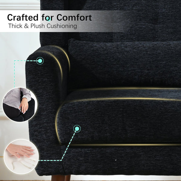 English Elm Modern Accent Chair Chenille Upholstered Ergonomic Lounge Armchair with Wood Legs and Pillow for Reading Comfort and Stylish Living Room Seating Black W1028P382764