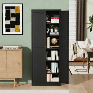 English Elm 61" Matte Black Steel Freestanding Pantry Cabinet with 4 Adjustable Shelves Modern Farmhouse T2398P465984
