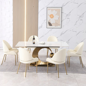 English Elm 71-Inch Gold Pedestal Dining Table with Carrara-Style Sintered Stone Top, Horseshoe Base, Easy Care W509104384