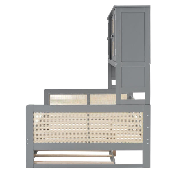 English Elm Full Size Wooden Daybed With Twin Trundle, Storage Cabinet & Shelves For Space-Saving Comfort N820S00049E