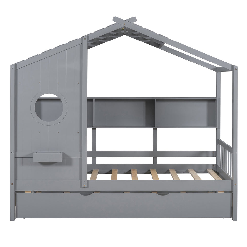 English Elm Wooden Twin House Bed with Trundle and 3 Back Shelves, Pine Frame Playful Loft Design for Kids Gray 41.7 L x 16.25 W x 6 H N733S316110E