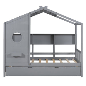 English Elm Wooden Twin House Bed with Trundle and 3 Back Shelves, Pine Frame Playful Loft Design for Kids Gray 41.7 L x 16.25 W x 6 H N733S316110E