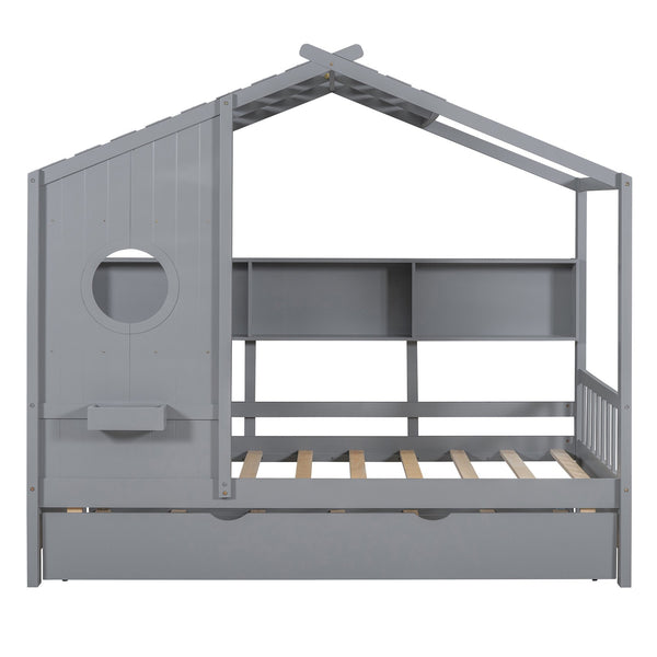 English Elm Wooden Twin House Bed with Trundle and 3 Back Shelves, Pine Frame Playful Loft Design for Kids Gray 41.7 L x 16.25 W x 6 H N733S316110E
