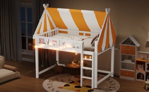 English Elm Full Size Solid Wood Loft Bed with Canopy Led Lighting and Integrated Bookshelf White N7090002242K