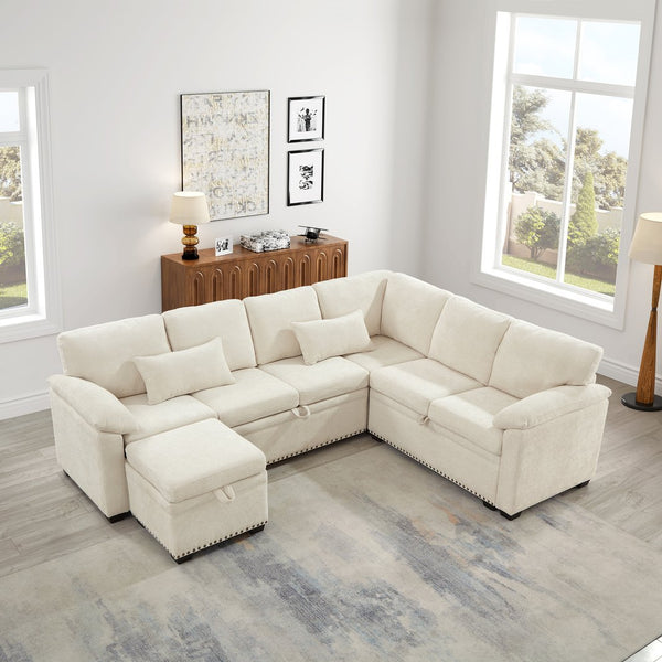 English Elm 97 Inch L-shaped Chenille Sectional Sofa with Sleeper Storage Ottoman 7 Seats Beige W1669S00017