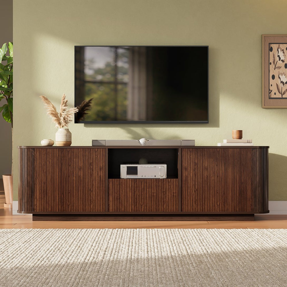 English Elm 70-inch Media Console with Sliding Groove Doors Solid Pine Legs and Cable Management N710P427899P